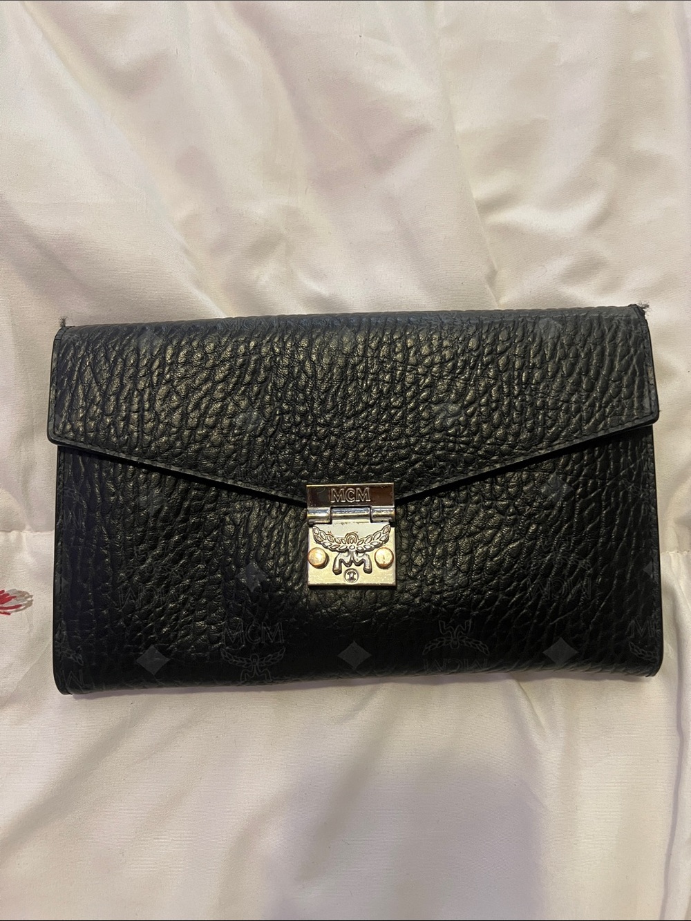 MCM Black Pebbled Leather Envelope Clutch with Silver-Tone Lock